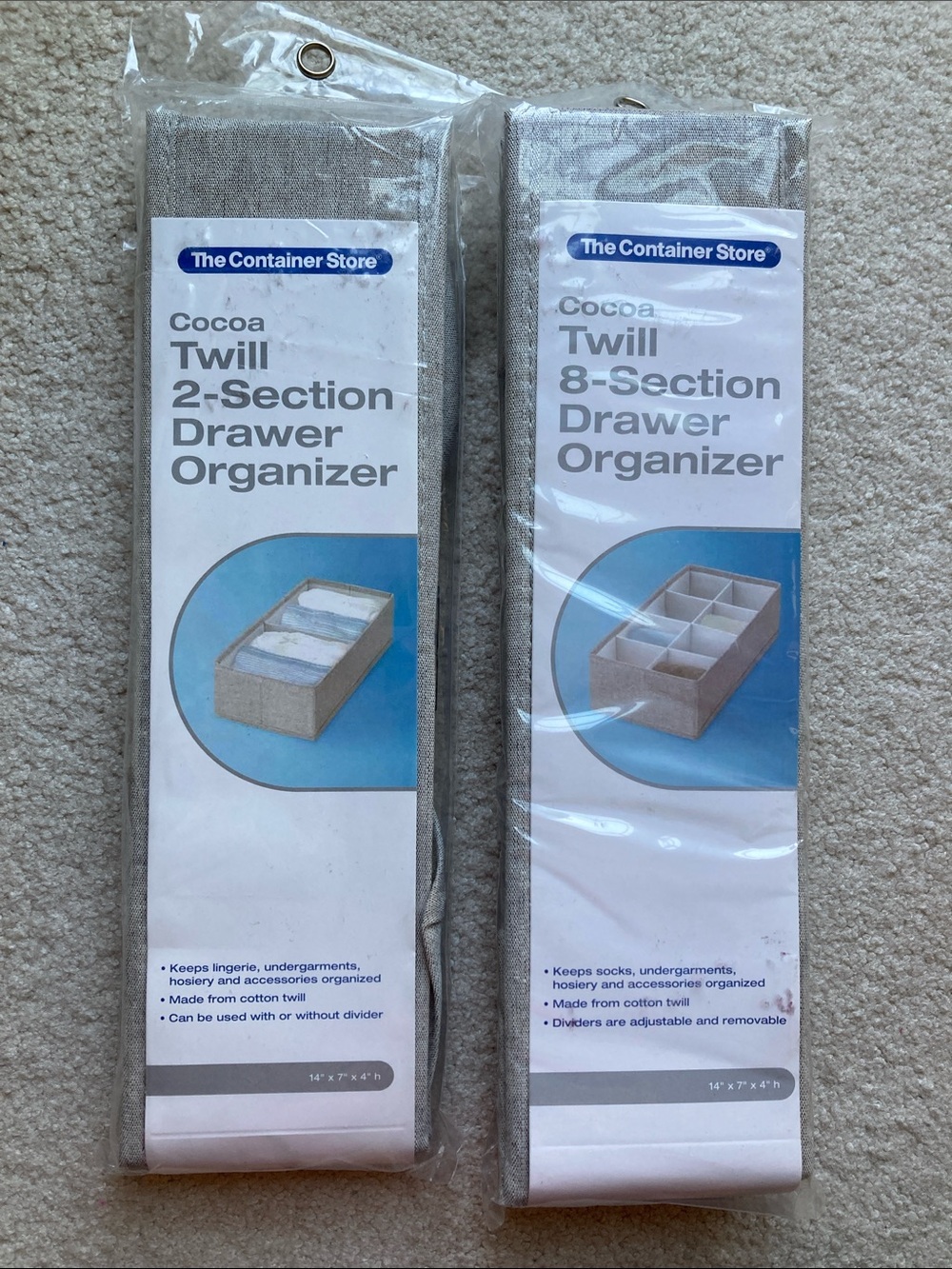 The Container Store bundle of two cocoa twill section drawer organizers